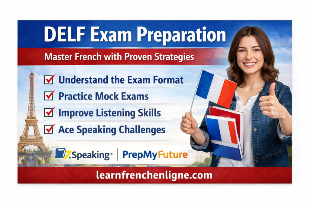 DELF exam preparation banner with a student holding a French flag and books, Eiffel Tower background, highlighting exam strategies and partnerships with 7Speaking and PrepMyFuture