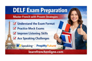 DELF exam preparation banner with a student holding a French flag and books, Eiffel Tower background, highlighting exam strategies and partnerships with 7Speaking and PrepMyFuture