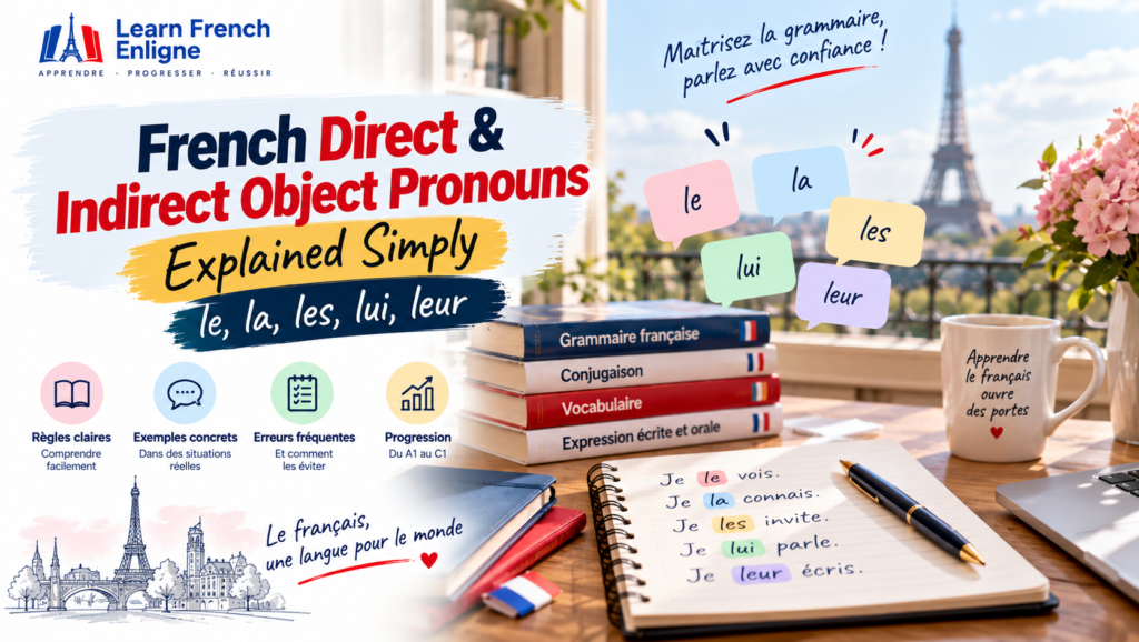 Vintage French language coursebook open on a desk, representing grammar and pronoun study