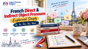 Vintage French language coursebook open on a desk, representing grammar and pronoun study