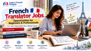 French translator working on a laptop, representing French translator jobs for beginners and professionals